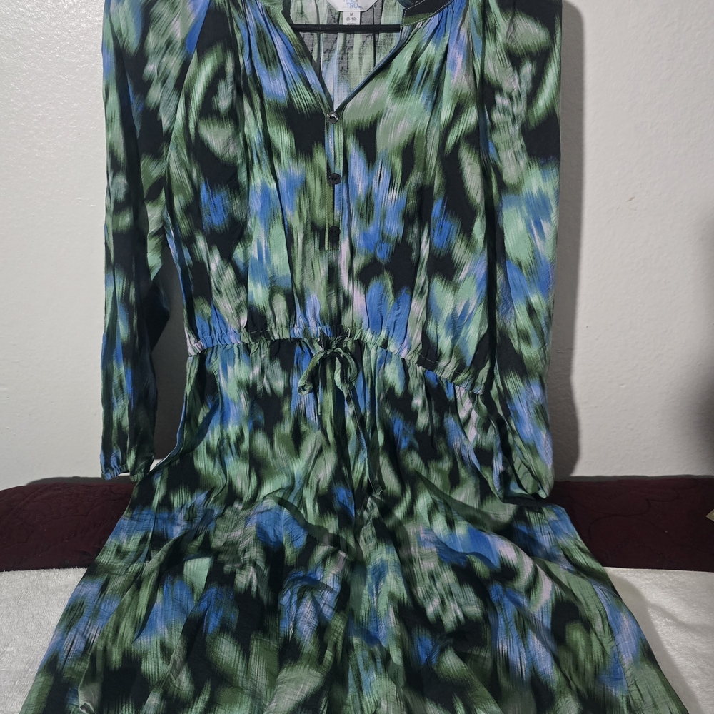 Time and Tru Green and Blue Long Sleeve Drawstring Waist Dress, M 8/10